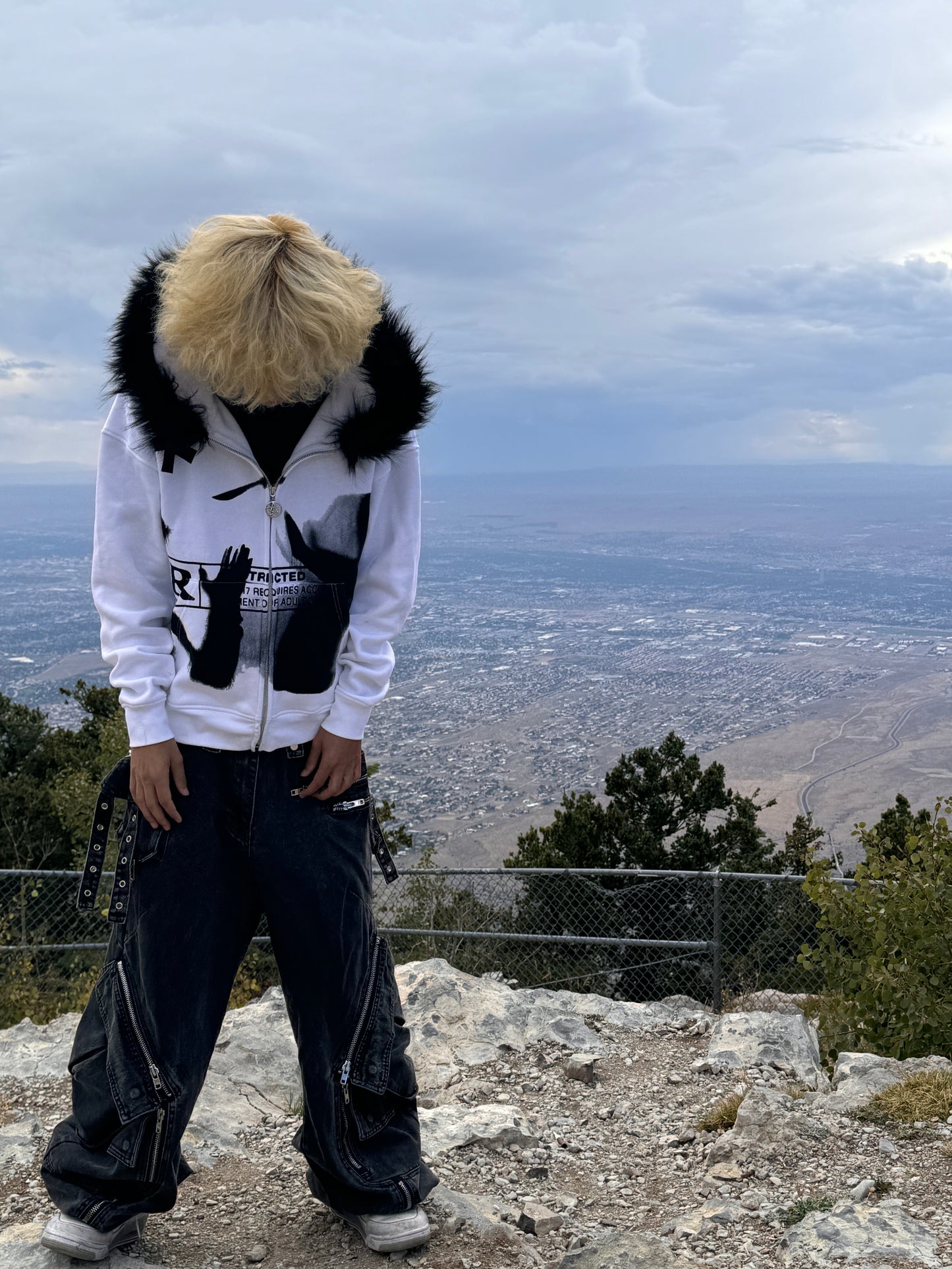 white faux fur zip up